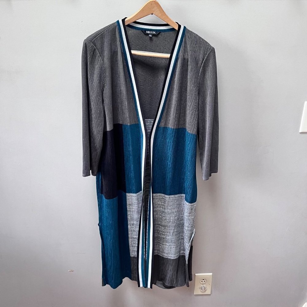 Misook Long Line Open Front‎ Color Block Cardigan… - image 1